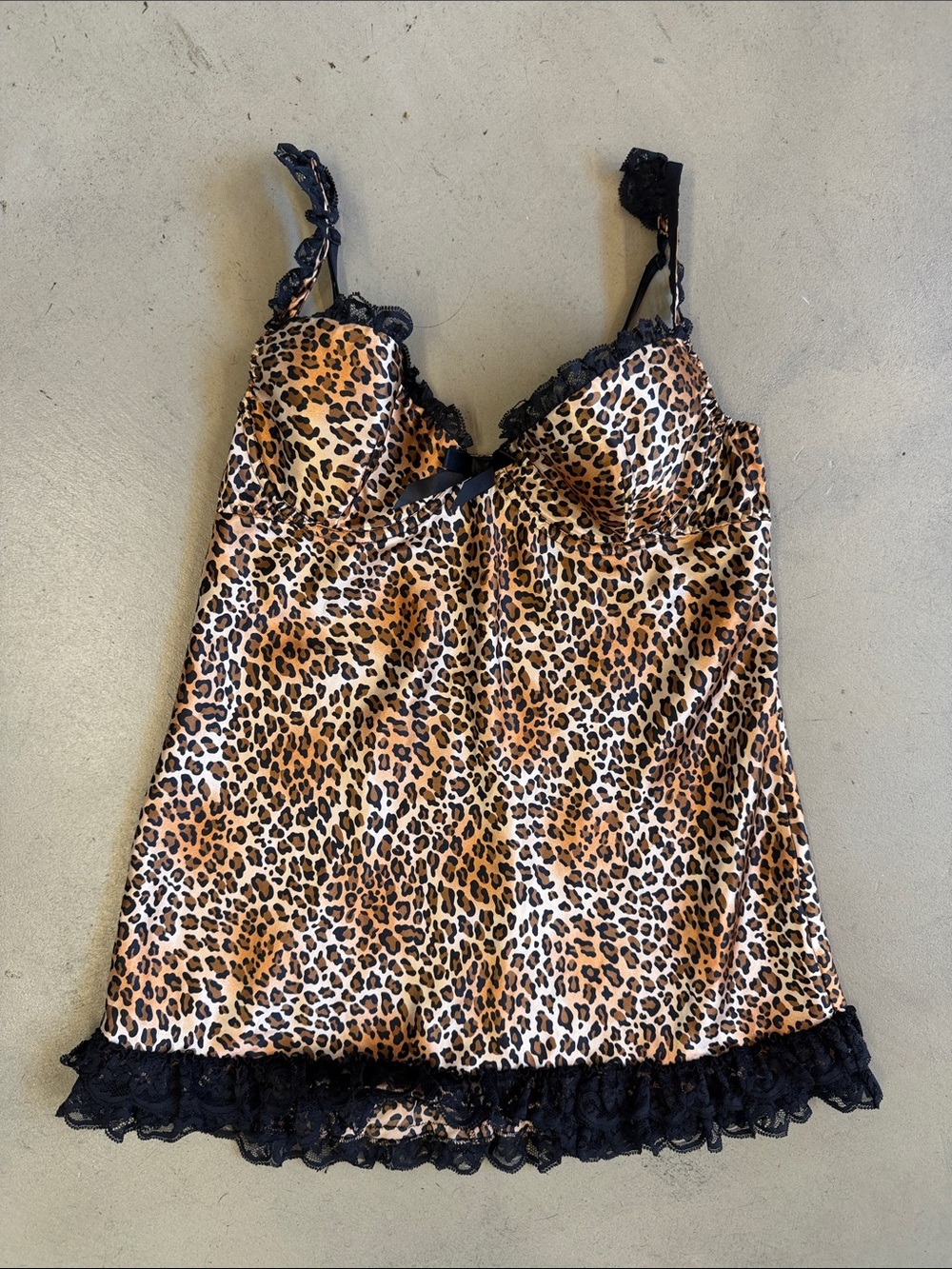 Frederick's of Hollywood Leopard Satin Chemise in Black & Brown